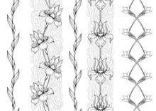 Iris Flower, Fleur-de-lis, Flower-de-luce, Flag. Seamless Pattern, Background. Outline Hand Drawing Vector Illustration. In Art Nouveau Style, Vintage, Old, Retro Style. In Botanical Style.