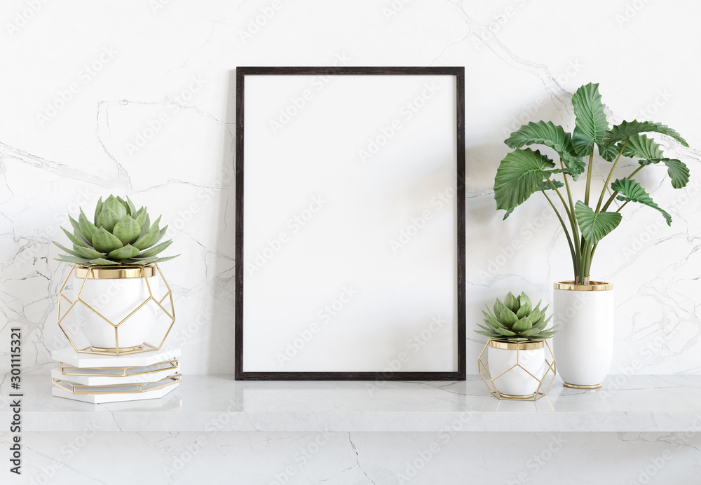 Black frame leaning on white shelve in bright interior with plants and decorations mockup 3D rendering - obrazy, fototapety, plakaty 