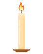 Colorful burning candle in candlestick. Flat cartoon style vector illustration icon isolated on a white background.