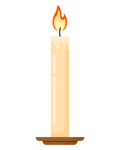 Colorful Burning Candle In Candlestick. Flat Cartoon Style Vector Illustration Icon Isolated On A White Background.