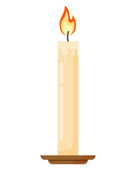 Colorful burning candle in candlestick. Flat cartoon style vector illustration icon isolated on a white background.