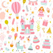 Pink pattern for girls with funny toys and kids elements. Vector seamless background with birthday cake, bouncy castle, princess and sweet food