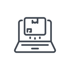 Poster - Online order line icon. Laptop with delivery box vector outline sign.