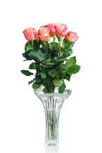 Pink Roses Bouquet In Crystal Vase, Isolated On White