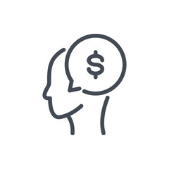 Poster - Head with dollar speech bubble line icon. Money talk vector outline sign.