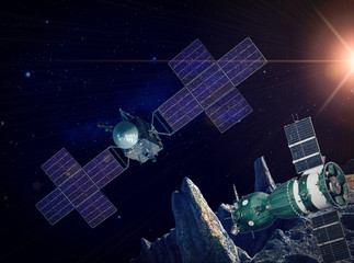 Wall Mural - space mission to the alien planet. satellites above the planet landscape. the elements of this image