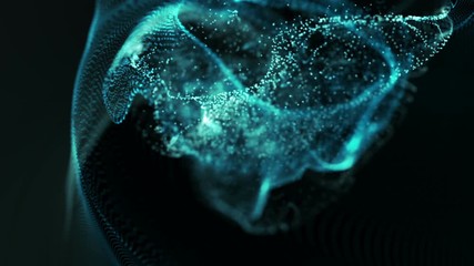 Poster - White and blue light particles cloud changing its shape. Organic motion. Camera changes its focal distance. Abstract technology and science motion background. Depth of field settings. 3D rendering.