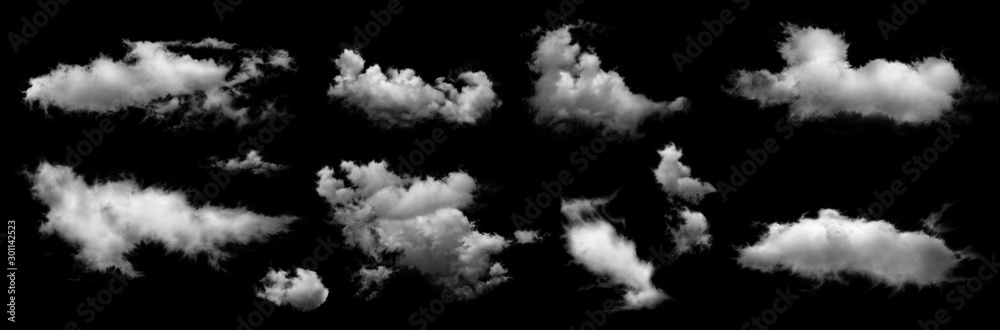 Group of white clouds isolated on black background. - obrazy, fototapety, plakaty 