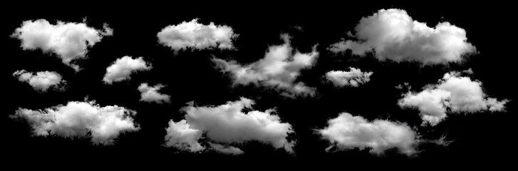 group of white clouds isolated on black background.