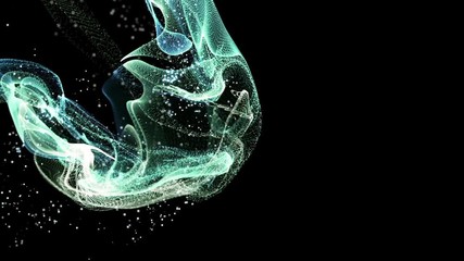 Poster - White and blue light particles cloud changing its shape. Organic motion. Camera changes its focal distance. Abstract technology and science motion background. Depth of field settings. 3D rendering