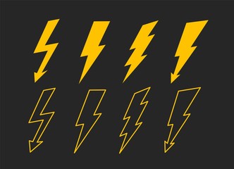 Poster - Yellow lightning bolt set collection. Thunderbolt, lightning strike. Vector lightning icons in flat style and line style. Modern signs or symbols.