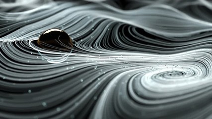 Poster - Animation of white abstract curved lines and shapes evolving over black background in spiral with a glass sphere among them and small light particles flowing along. Organic look. Depth of field