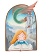 Oil illustration isolated on white background. The girl with book dreaming about a fairy tale story in the book, wich she reading.