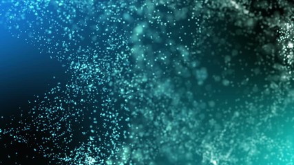 Poster - Blue particles cloud changing its shape, with camera changing its aperture - depth of field and focus point.  Abstract technology, engineering and communications motion background. 3D rendering