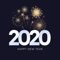 Wall Mural - Happy New Year 2020 greeting card design. 2020 text with festive fireworks explosions isolated on dark background. Congratulation banner. Vector illustration.