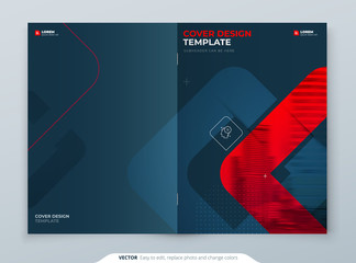 Wall Mural - Red Brochure Design. A4 Cover Template for Brochure, Report, Catalog, Magazine. Brochure Layout with Bright Color Shapes and Abstract Photo on Background. Modern Brochure concept