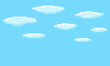 Pixel art game background with blue sky and clouds. 8-bit flat vector illustration.