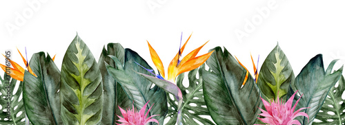 Set of watercolor tropical leaves, hand-drawn illustration of exotic floral e...