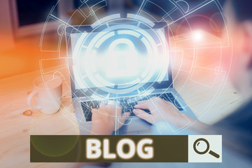 Poster - Writing note showing Blogquestion. Business concept for regularly updated website web page run by individual Picture photo network scheme with modern smart device