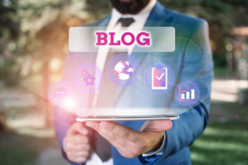 Aufkleber - Writing note showing Blogquestion. Business concept for regularly updated website web page run by individual Male human wear formal suit presenting using smart device