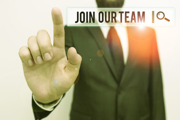 Text sign showing Join Our Team. Business photo showcasing inviting someone to join in your local group or company Male human with beard wear formal working suit clothes raising one hand up