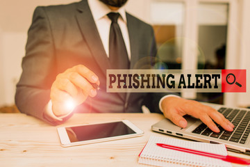 Poster - conceptual hand writing showing phishing alert. concept meaning aware to fraudulent attempt to obtai