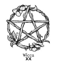 Wiccan Element. Graphic Pentagram With Flowers And Leaves.