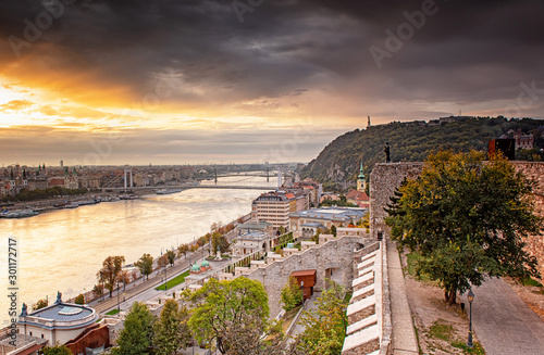 View on the Elisabeth Bridge and Budapest in sunset