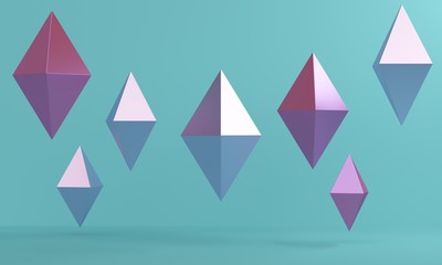 Poster - Blue abstract background with lilac flying rhombuses. Backdrop design for product promotion. 3d rendering