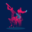 Multitasking, teamwork business concept in red and blue neon gradients