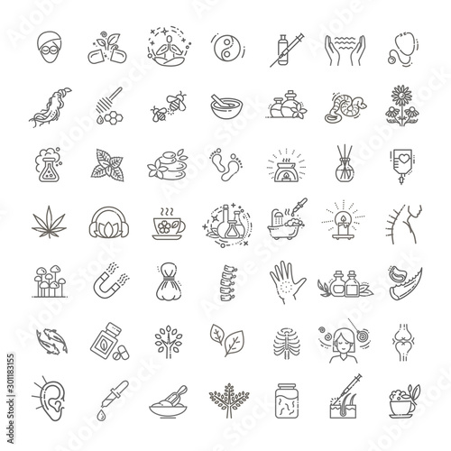 Cuadros en Lienzo Set of vector illustrations of different kinds of alternative medicine