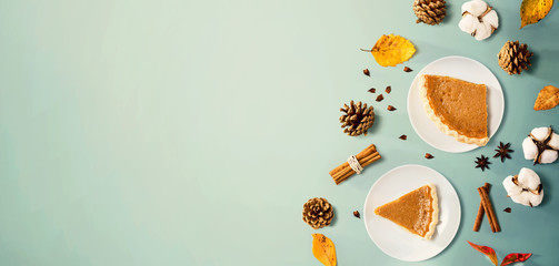Wall Mural - autumn theme with pumpkin pies - overhead view
