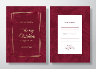 Wall Mural - Christmas and New Year Abstract Vector Greeting Card, Poster or Background. Back and Front Invitation Design Layout with Classy Typography. Sketch Pine Twigs, Mistletoe. Golden Gradient Invitation