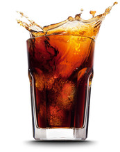 Cola Splashing Out Of A Glass., Isolated White Background.