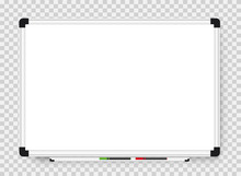 Empty White Marker Board On Transparent Background. Realistic Office Whiteboard. Vector Illustration