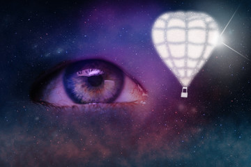 Poster - Close up Abstract eye concept looking on a airship balloon. Nebula dust in infinite space backgroud. Mixed media.