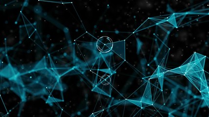 Poster - Plexus blue lines, dots, polygons and hud elements in smooth organic slow motion with dust particles. Futuristic technology and science abstract background. Depth of field settings. 3D rendering
