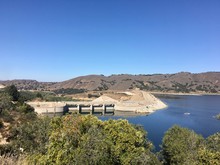 View Of The Dam Across Man-made Lake At Cachuma Lake Recreation Area, Santa Barbara In Southern California. 
