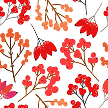 Winter Red Berries And Roses Hips For Textile, Fabric, Print. Seasonal Background With Berries.