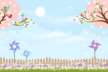 Cute cartoon card for spring season with mini windmill behind wooden fence, illustration Summer creative background with copy space,Template for your text. Nature landscape with blue sky