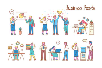 Wall Mural - Business people, teamwork line art vector set. Office workplace. People working together in the office. Flat vector illustration.