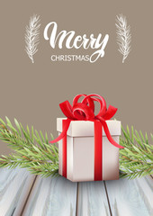 Wall Mural - Merry christmas gift box with red ribbon and fir tree leaves. Wooden table. Holiday vector