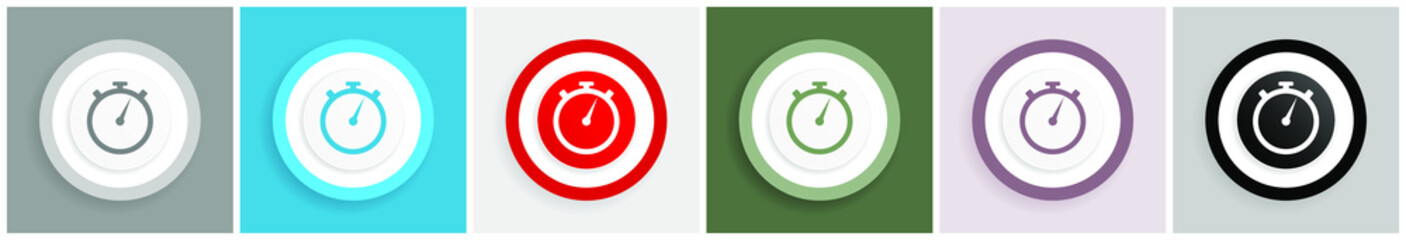 Poster - Stopwatch icon set, colorful flat design vector illustrations in 6 options for web design and mobile applications