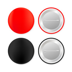 Sticker - Pin badges. Red and black round blank button. Souvenir magnet badging mockup. Vector stock illustration.