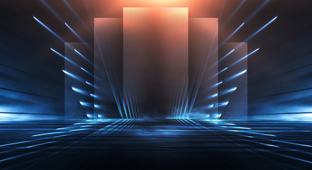 Wall Mural - dark background with lines and spotlights, neon light, night view. dark empty scene, blue neon searc