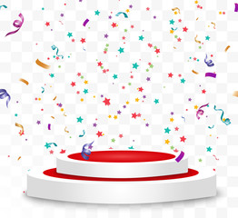 Poster - Lots of colorful tiny confetti and ribbons on transparent background. Festive event and party. Multicolor background. Colorful bright confetti isolated on the podium.