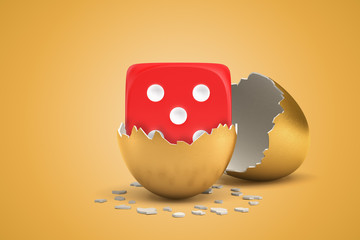 Poster - 3d rendering of big red die cube with white dots that has just hatched out from golden egg.