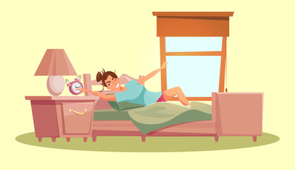 Girl waking up flat vector illustration. Young caucasian person in bedroom cartoon character. Woman getting up in morning, stretching and yawning. Everyday routine, awakening. Room in daylight.