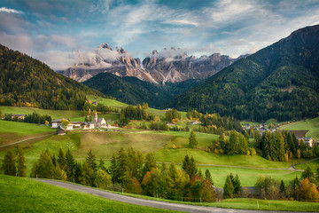 Wall Mural - Landscape of beautiful Santa Maddalena village in Dolomites mountains