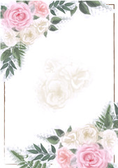 Wedding menu, guest card, number of table. Design with white, pink flowers, green leaves. Decorative greeting card or invitation design background